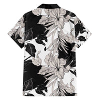 Black White Monotone Tropical Flowers Pattern Family Matching Off Shoulder Short Dress and Hawaiian Shirt - Polynesian Pride