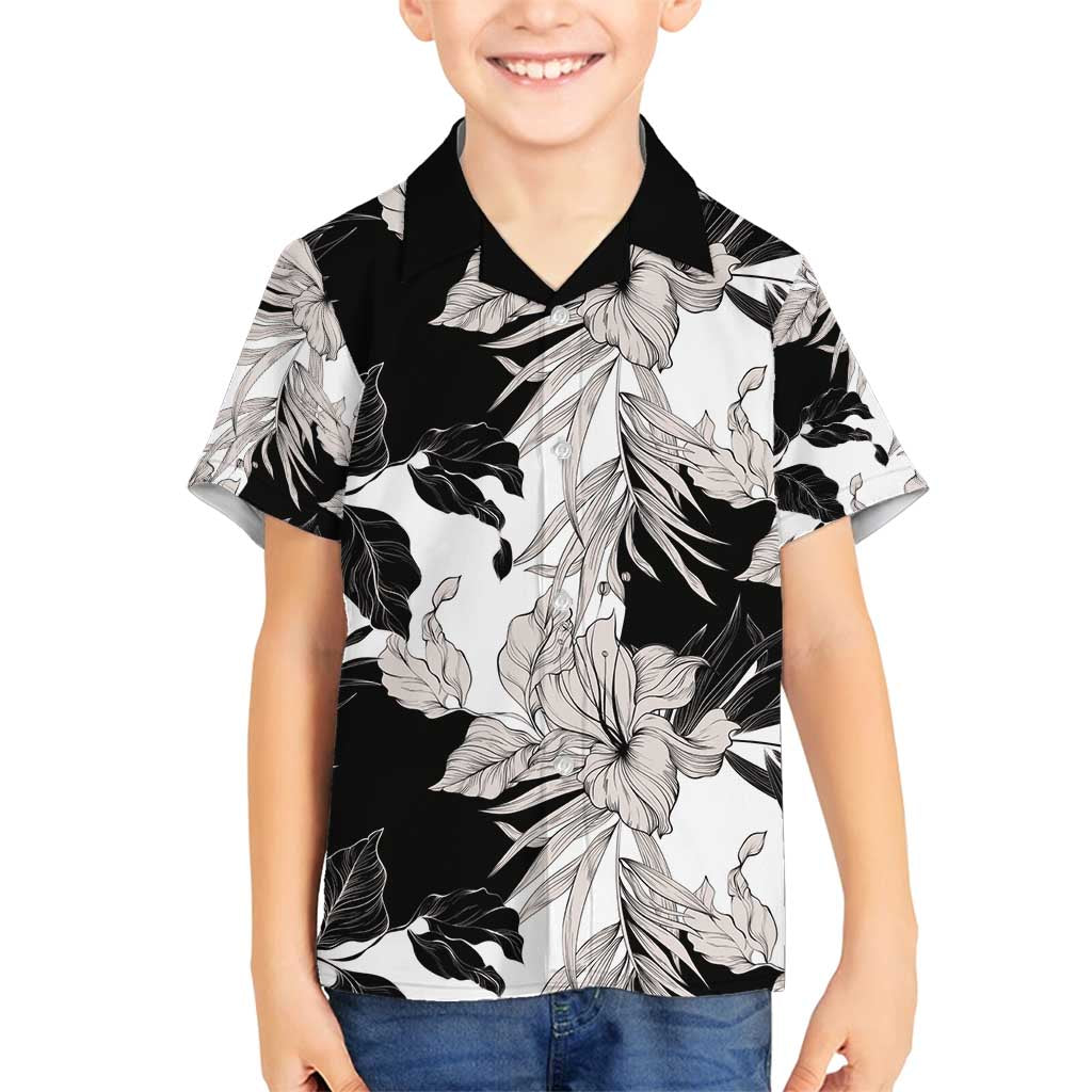 Black White Monotone Tropical Flowers Pattern Family Matching Off Shoulder Short Dress and Hawaiian Shirt - Polynesian Pride
