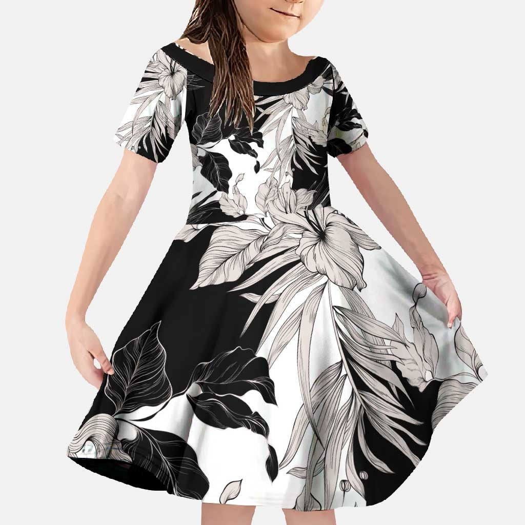 Black White Monotone Tropical Flowers Pattern Family Matching Short Sleeve Bodycon Dress and Hawaiian Shirt LT01 Daughter's Dress Black - Polynesian Pride