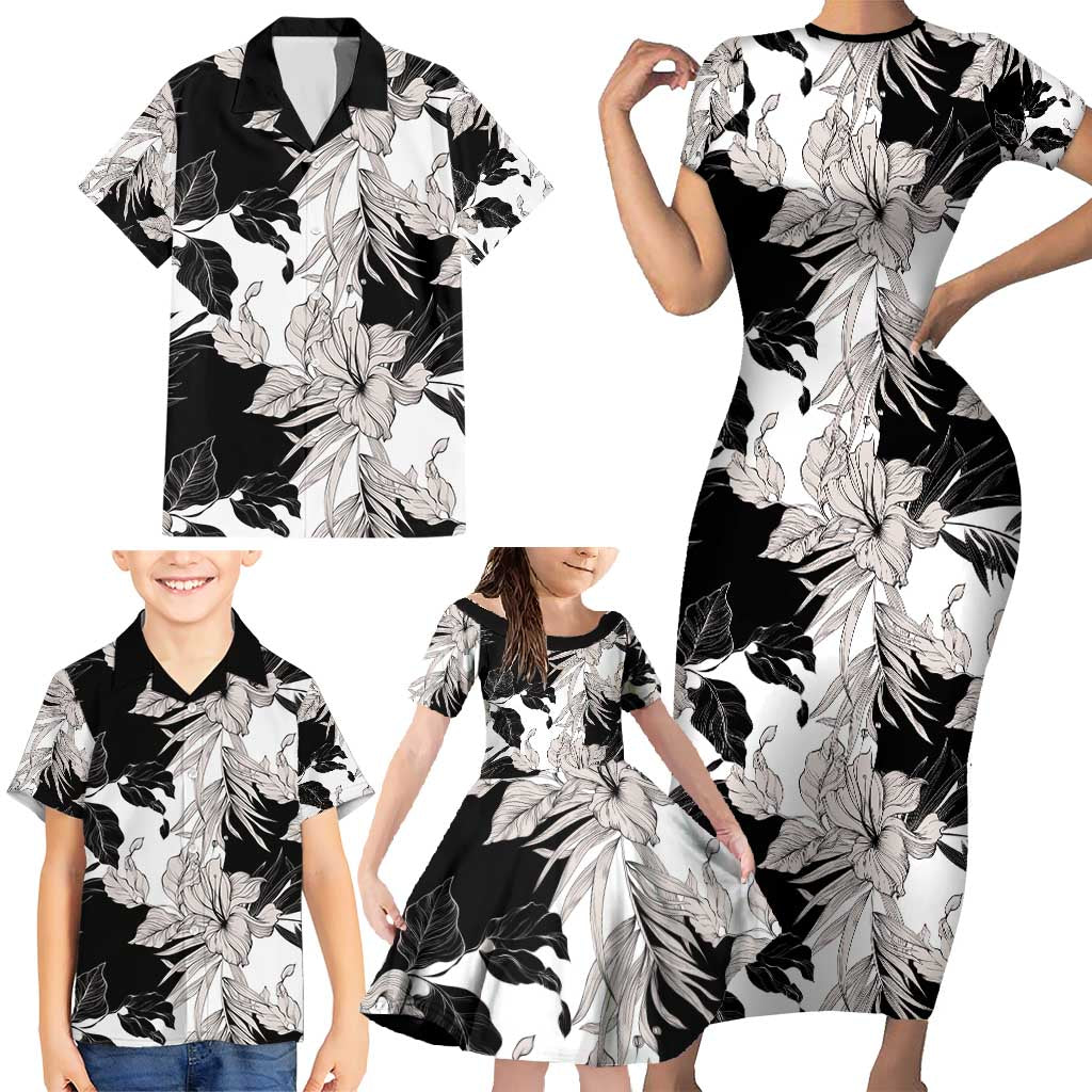 Black White Monotone Tropical Flowers Pattern Family Matching Short Sleeve Bodycon Dress and Hawaiian Shirt LT01 - Polynesian Pride