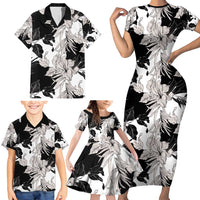 Black White Monotone Tropical Flowers Pattern Family Matching Short Sleeve Bodycon Dress and Hawaiian Shirt LT01 - Polynesian Pride
