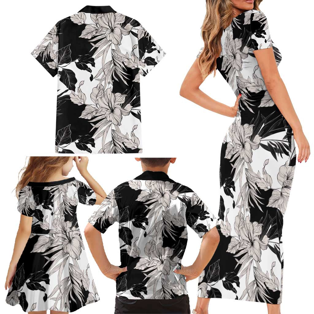 Black White Monotone Tropical Flowers Pattern Family Matching Short Sleeve Bodycon Dress and Hawaiian Shirt LT01 - Polynesian Pride