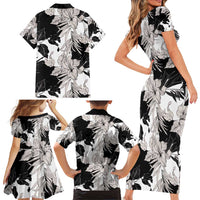 Black White Monotone Tropical Flowers Pattern Family Matching Short Sleeve Bodycon Dress and Hawaiian Shirt LT01 - Polynesian Pride