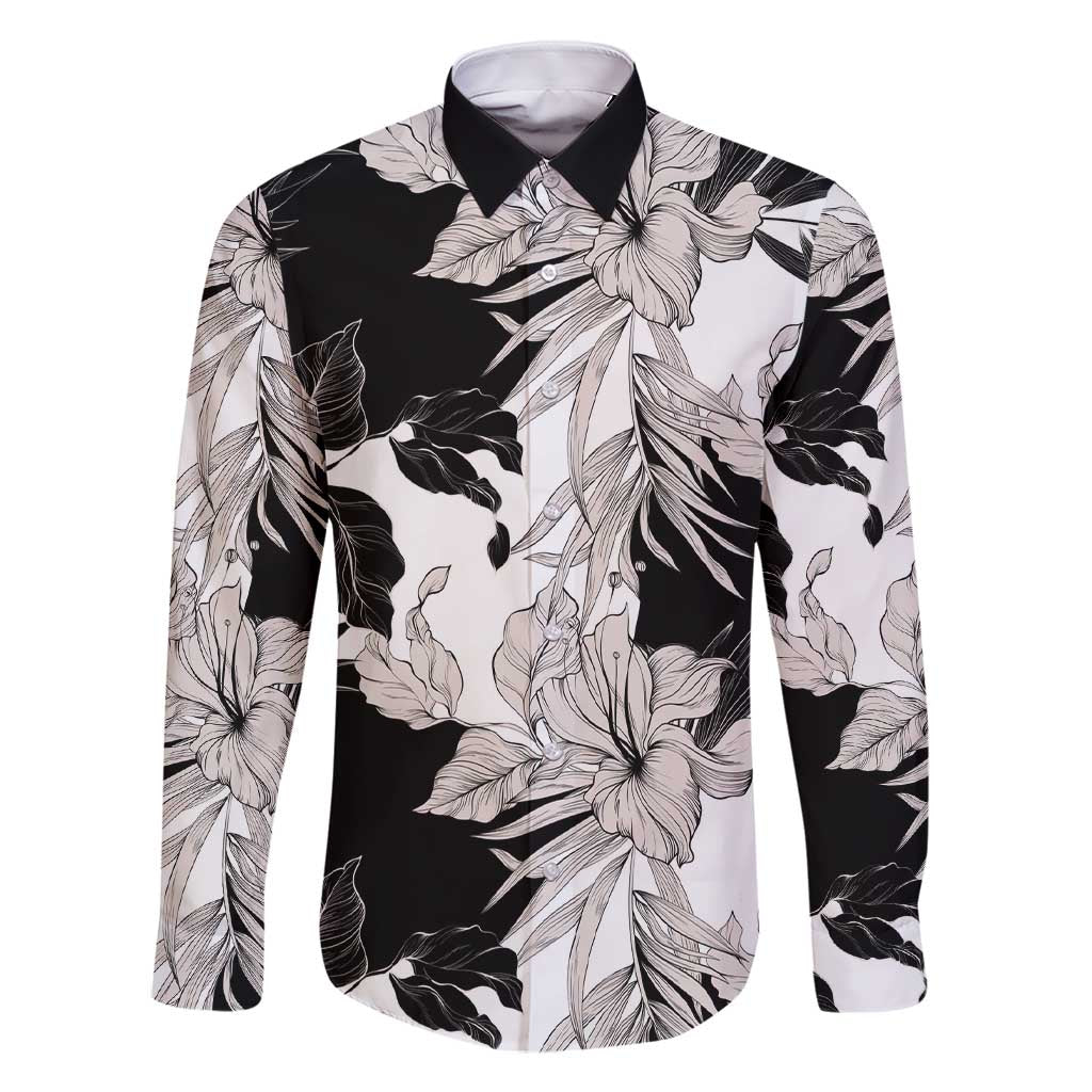 Black White Monotone Tropical Flowers Pattern Family Matching Short Sleeve Bodycon Dress and Hawaiian Shirt LT01 Dad's Shirt - Long Sleeve Black - Polynesian Pride