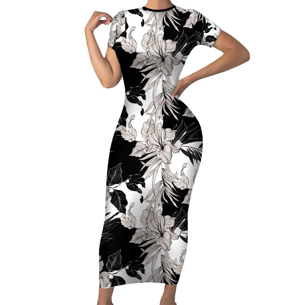 Black White Monotone Tropical Flowers Pattern Family Matching Short Sleeve Bodycon Dress and Hawaiian Shirt LT01 Mom's Dress Black - Polynesian Pride