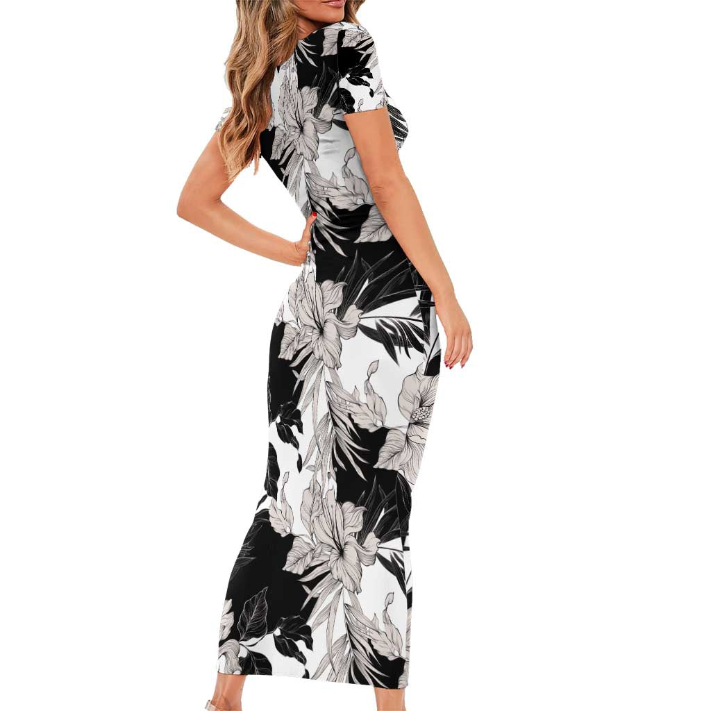 Black White Monotone Tropical Flowers Pattern Family Matching Short Sleeve Bodycon Dress and Hawaiian Shirt LT01 - Polynesian Pride