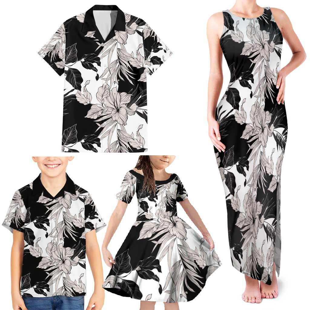 Black White Monotone Tropical Flowers Pattern Family Matching Tank Maxi Dress and Hawaiian Shirt LT01 - Polynesian Pride