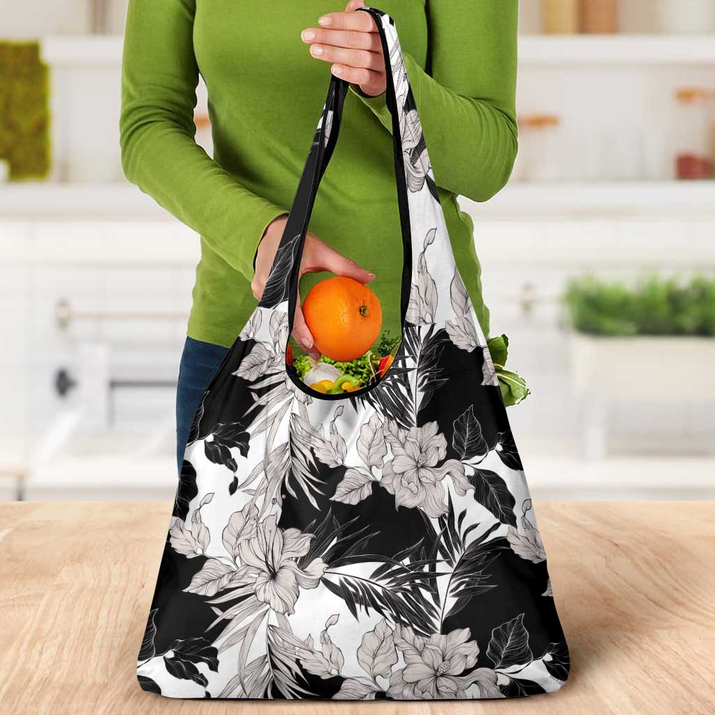 Black White Monotone Tropical Flowers Pattern Grocery Bag - Polynesian Pride