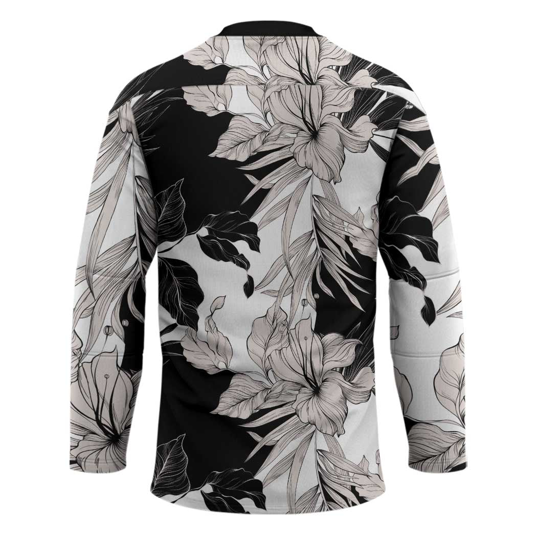 Black White Monotone Tropical Flowers Pattern Hockey Jersey - Polynesian Pride