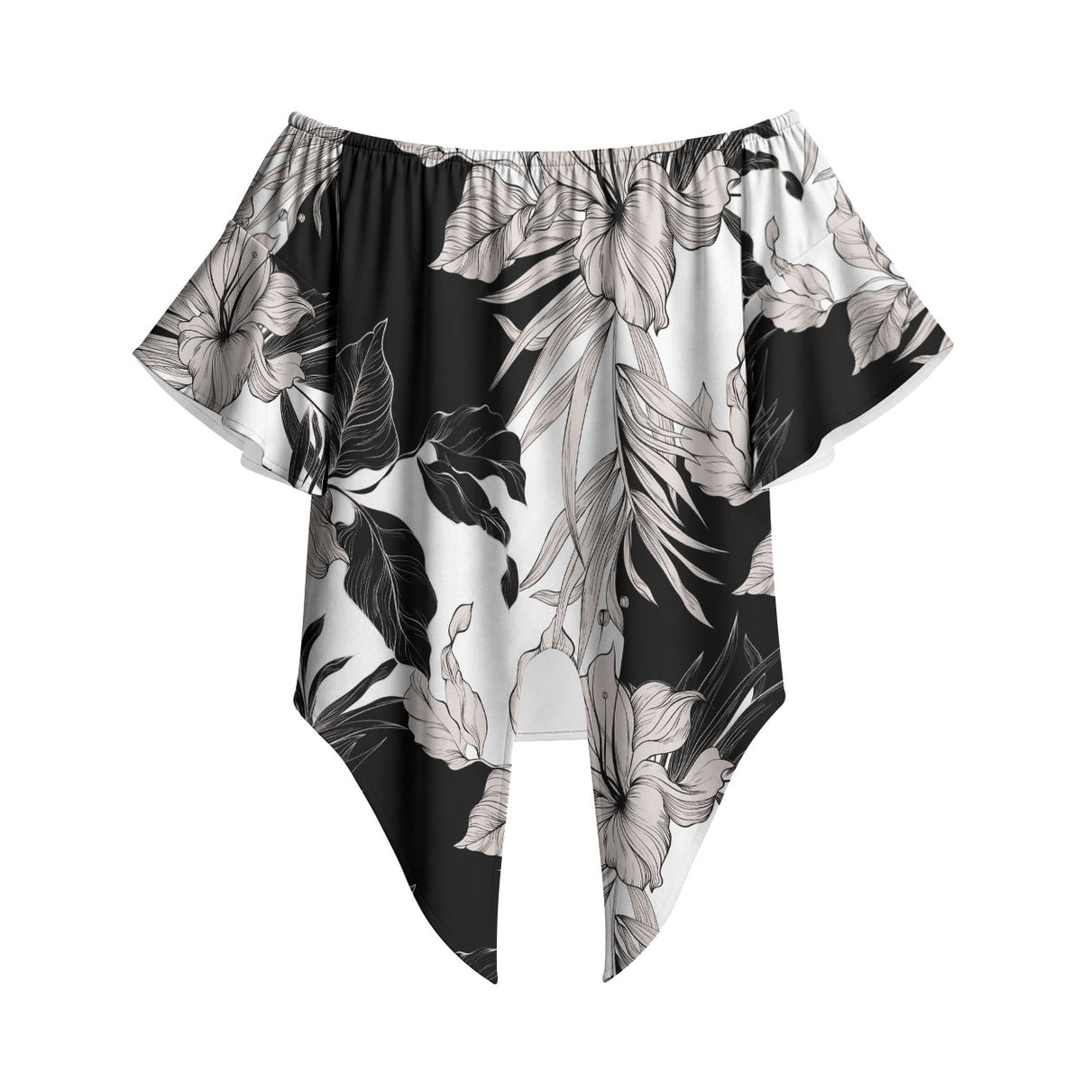 Black White Monotone Tropical Flowers Pattern Off Shoulder Wrap Waist Top LT01 Black - Polynesian Pride