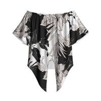 Black White Monotone Tropical Flowers Pattern Off Shoulder Wrap Waist Top LT01 Black - Polynesian Pride