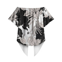 Black White Monotone Tropical Flowers Pattern Off Shoulder Wrap Waist Top LT01 - Polynesian Pride