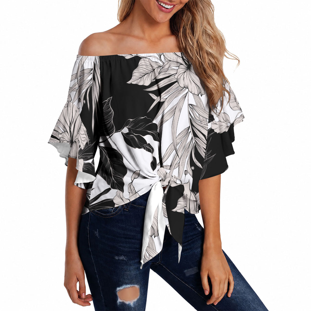 Black White Monotone Tropical Flowers Pattern Off Shoulder Wrap Waist Top LT01 - Polynesian Pride
