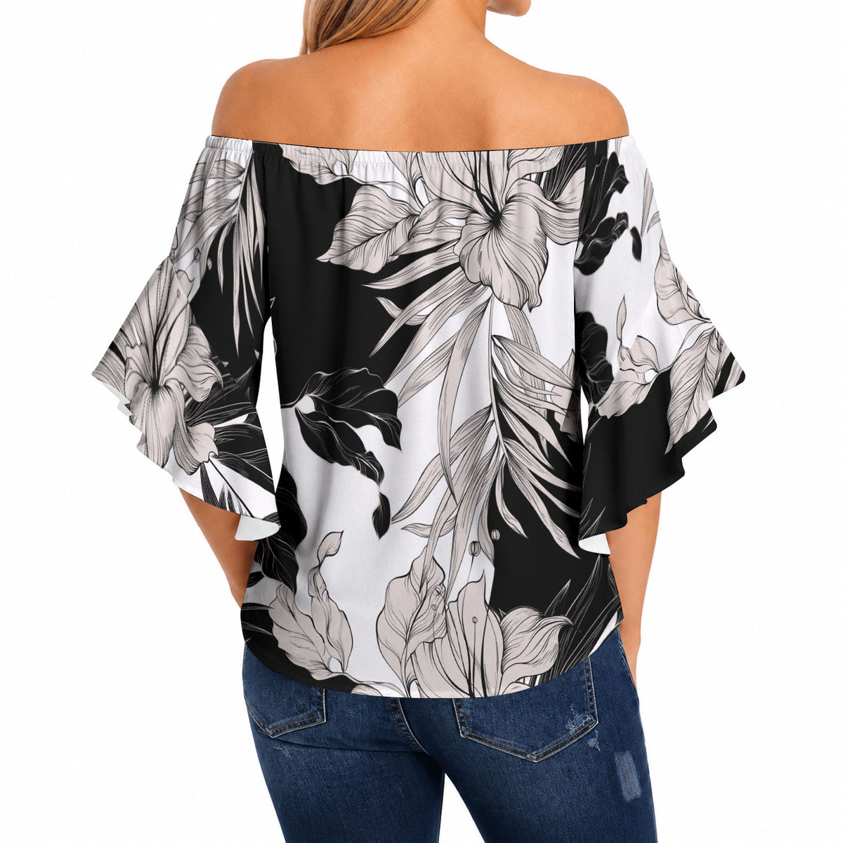 Black White Monotone Tropical Flowers Pattern Off Shoulder Wrap Waist Top LT01 - Polynesian Pride