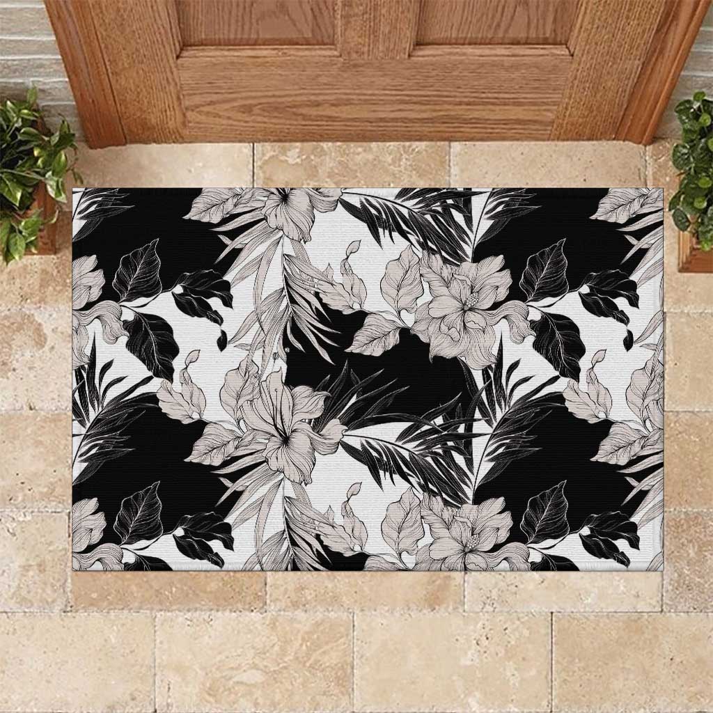 Black White Monotone Tropical Flowers Pattern Rubber Doormat LT01 Black - Polynesian Pride