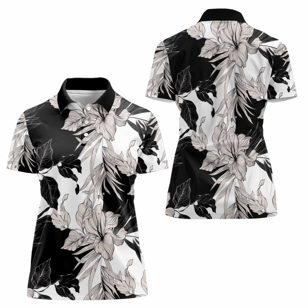 Black White Monotone Tropical Flowers Pattern Women Polo Shirt - Polynesian Pride