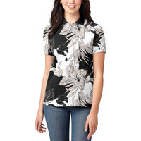 Black White Monotone Tropical Flowers Pattern Women Polo Shirt - Polynesian Pride