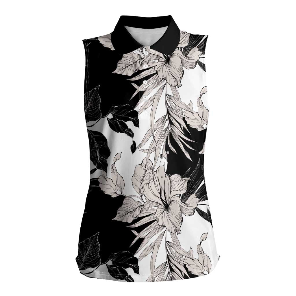 Black White Monotone Tropical Flowers Pattern Women Sleeveless Polo Shirt LT01 Female Black - Polynesian Pride
