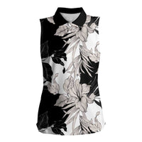 Black White Monotone Tropical Flowers Pattern Women Sleeveless Polo Shirt LT01 Female Black - Polynesian Pride