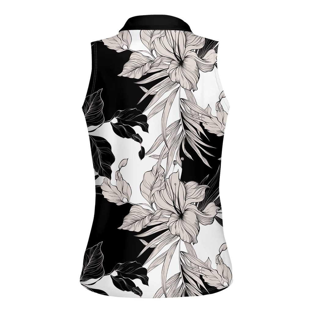 Black White Monotone Tropical Flowers Pattern Women Sleeveless Polo Shirt LT01 - Polynesian Pride