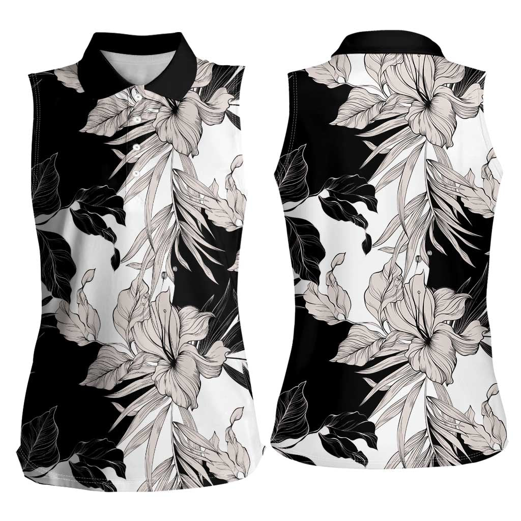 Black White Monotone Tropical Flowers Pattern Women Sleeveless Polo Shirt LT01 - Polynesian Pride