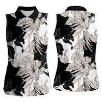 Black White Monotone Tropical Flowers Pattern Women Sleeveless Polo Shirt LT01 - Polynesian Pride