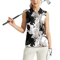 Black White Monotone Tropical Flowers Pattern Women Sleeveless Polo Shirt LT01 - Polynesian Pride