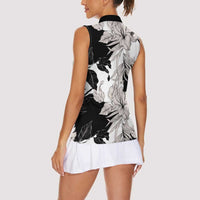 Black White Monotone Tropical Flowers Pattern Women Sleeveless Polo Shirt LT01 - Polynesian Pride