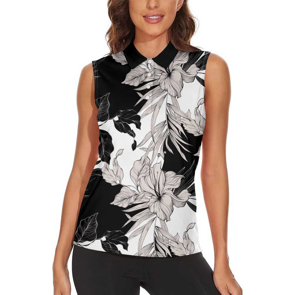 Black White Monotone Tropical Flowers Pattern Women Sleeveless Polo Shirt LT01 - Polynesian Pride