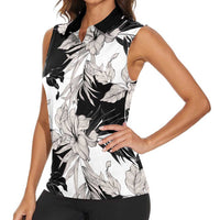 Black White Monotone Tropical Flowers Pattern Women Sleeveless Polo Shirt LT01 - Polynesian Pride