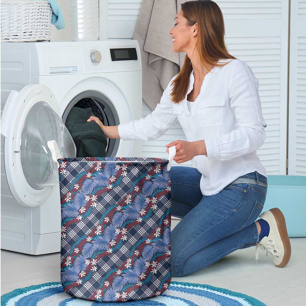 Polynesian Monstera Tiare Floral Laundry Basket Royal Blue Tropical Plaid - Polynesian Pride