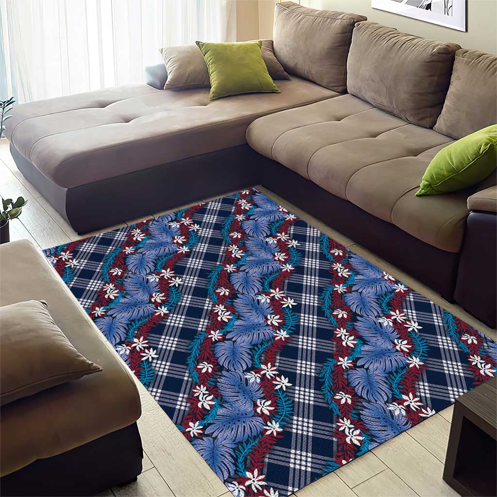 Polynesian Monstera Tiare Floral Area Rug Royal Blue Tropical Plaid - Polynesian Pride