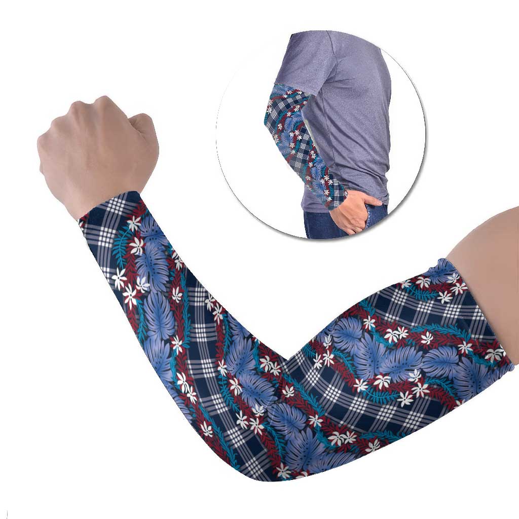 Polynesian Monstera Tiare Floral Arm Sleeves Royal Blue Tropical Plaid - Polynesian Pride