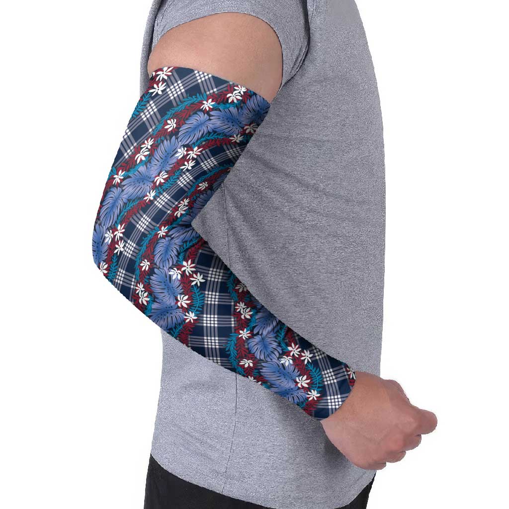 Polynesian Monstera Tiare Floral Arm Sleeves Royal Blue Tropical Plaid - Polynesian Pride