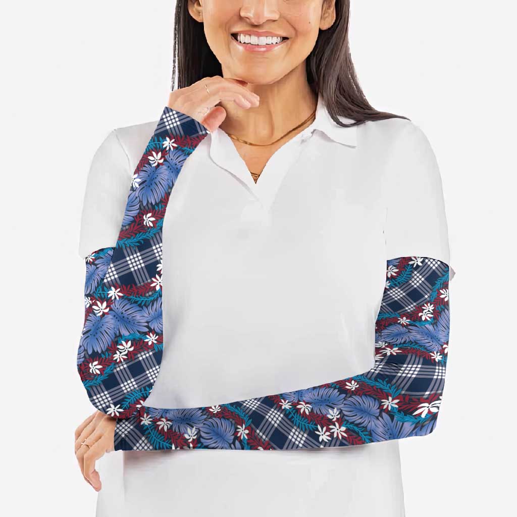 Polynesian Monstera Tiare Floral Arm Sleeves Royal Blue Tropical Plaid - Polynesian Pride