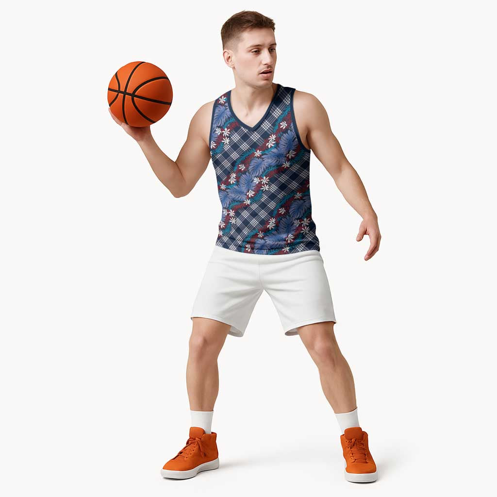 Polynesian Monstera Tiare Floral Basketball Jersey Royal Blue Tropical Plaid - Polynesian Pride