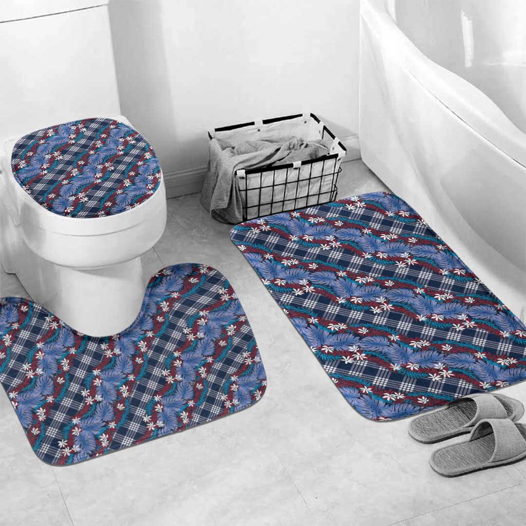 Polynesian Monstera Tiare Floral Bathroom Set Royal Blue Tropical Plaid - Polynesian Pride