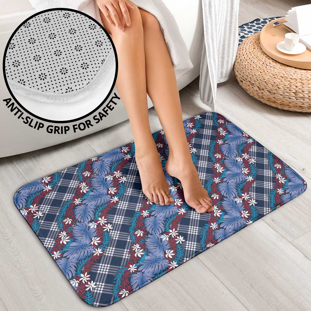 Polynesian Monstera Tiare Floral Bathroom Set Royal Blue Tropical Plaid - Polynesian Pride