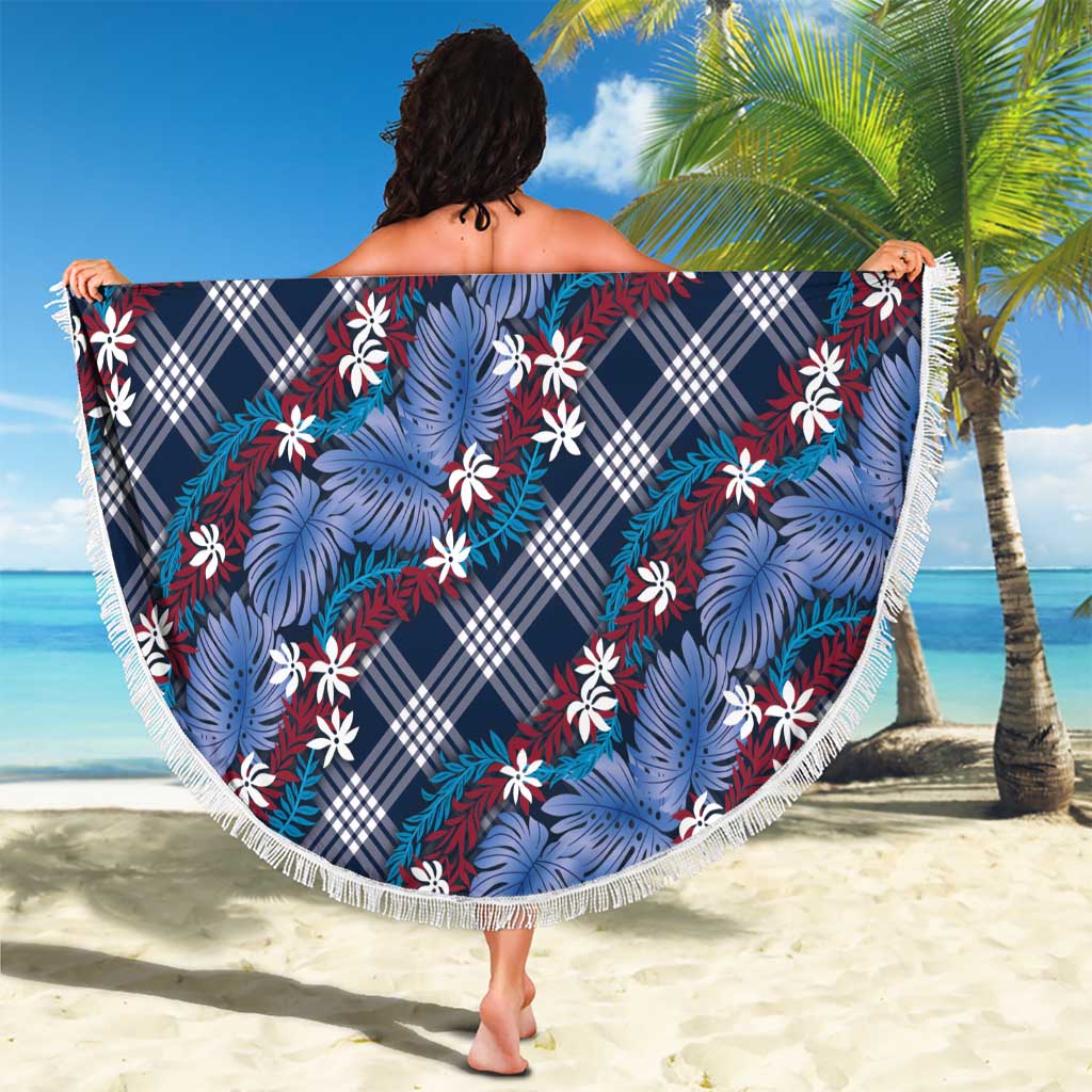 Polynesian Monstera Tiare Floral Beach Blanket Royal Blue Tropical Plaid - Polynesian Pride