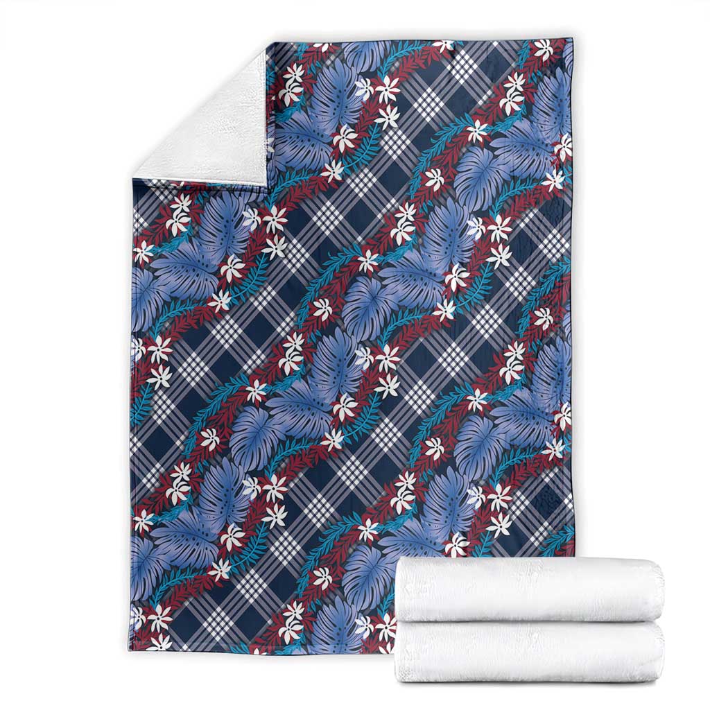 Polynesian Monstera Tiare Floral Blanket Royal Blue Tropical Plaid - Polynesian Pride