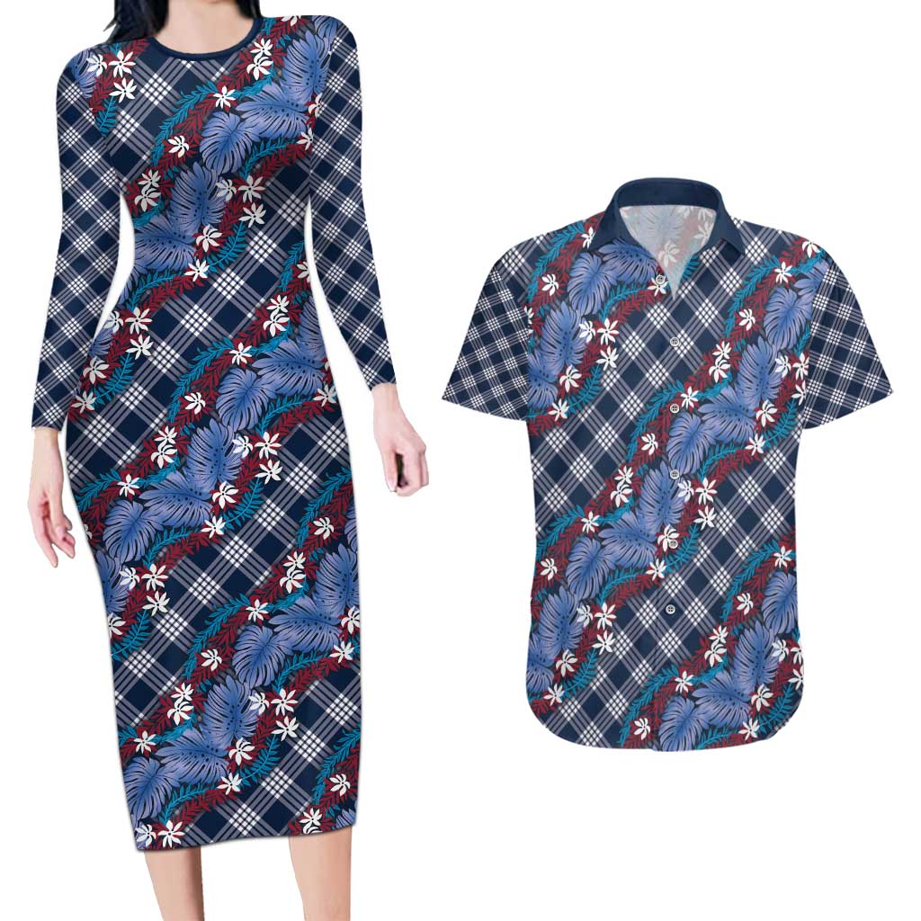 Polynesian Monstera Tiare Floral Couples Matching Long Sleeve Bodycon Dress and Hawaiian Shirt Royal Blue Tropical Plaid LT01 Blue - Polynesian Pride