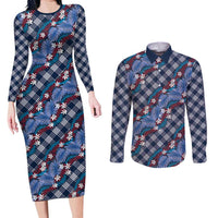Polynesian Monstera Tiare Floral Couples Matching Long Sleeve Bodycon Dress and Long Sleeve Button Shirt Royal Blue Tropical Plaid LT01 Blue - Polynesian Pride