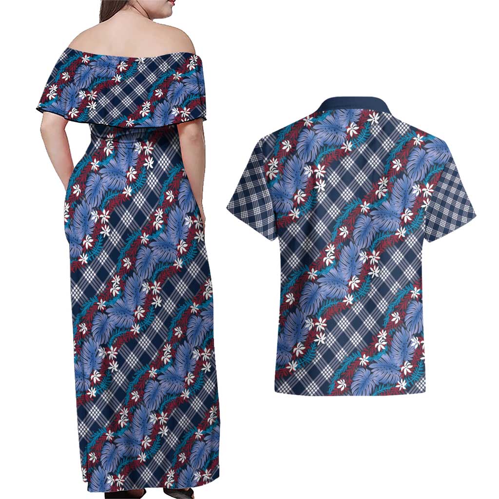Polynesian Monstera Tiare Floral Couples Matching Off Shoulder Maxi Dress and Hawaiian Shirt Royal Blue Tropical Plaid LT01 - Polynesian Pride