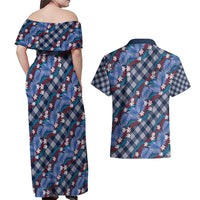 Polynesian Monstera Tiare Floral Couples Matching Off Shoulder Maxi Dress and Hawaiian Shirt Royal Blue Tropical Plaid LT01 - Polynesian Pride