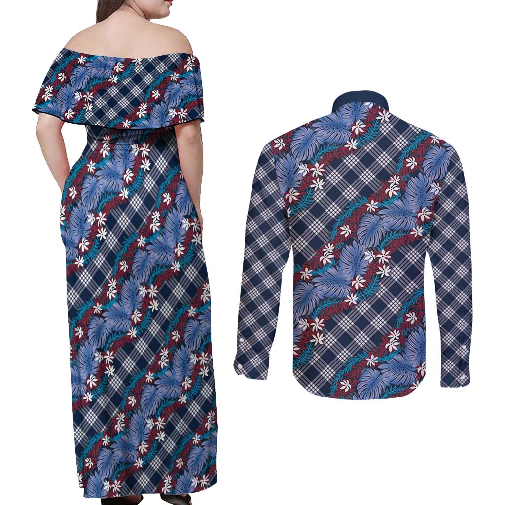 Polynesian Monstera Tiare Floral Couples Matching Off Shoulder Maxi Dress and Long Sleeve Button Shirt Royal Blue Tropical Plaid LT01 - Polynesian Pride