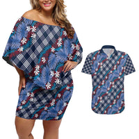 Polynesian Monstera Tiare Floral Couples Matching Off Shoulder Short Dress and Hawaiian Shirt Royal Blue Tropical Plaid LT01 Blue - Polynesian Pride