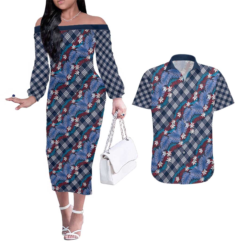 Polynesian Monstera Tiare Floral Couples Matching Off The Shoulder Long Sleeve Dress and Hawaiian Shirt Royal Blue Tropical Plaid LT01 Blue - Polynesian Pride