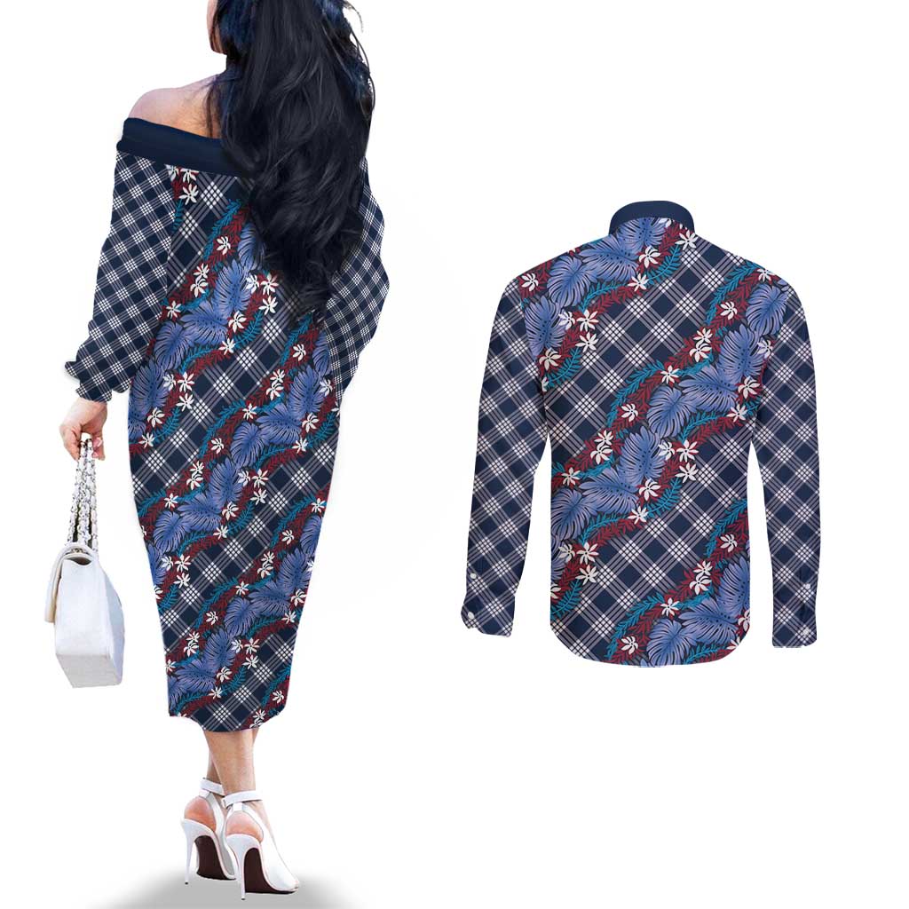 Polynesian Monstera Tiare Floral Couples Matching Off The Shoulder Long Sleeve Dress and Long Sleeve Button Shirt Royal Blue Tropical Plaid LT01 - Polynesian Pride