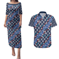 Polynesian Monstera Tiare Floral Couples Matching Puletasi and Hawaiian Shirt Royal Blue Tropical Plaid LT01 Blue - Polynesian Pride