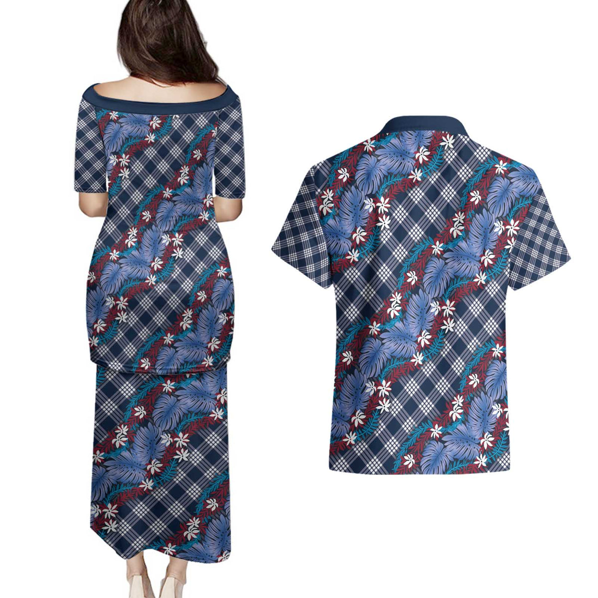 Polynesian Monstera Tiare Floral Couples Matching Puletasi and Hawaiian Shirt Royal Blue Tropical Plaid LT01 - Polynesian Pride